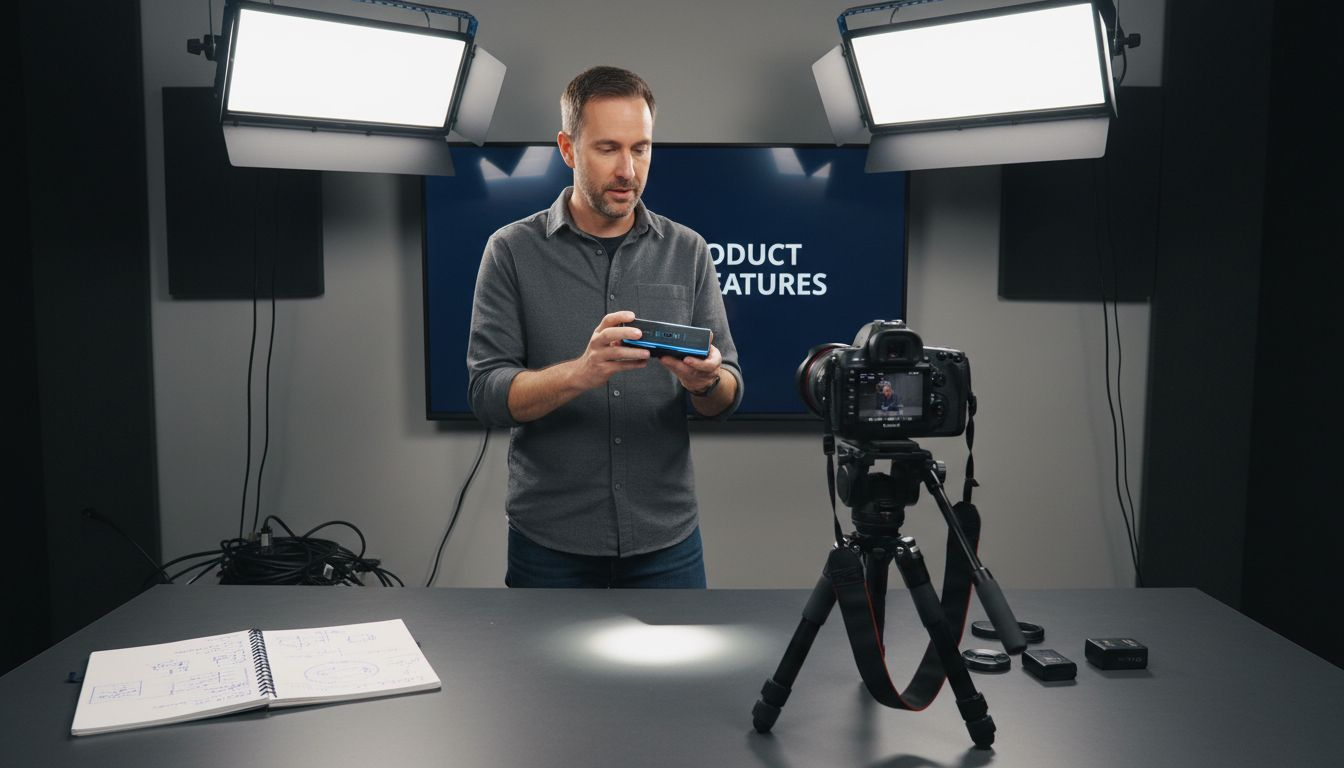 Presenter filming tech product demonstration video
