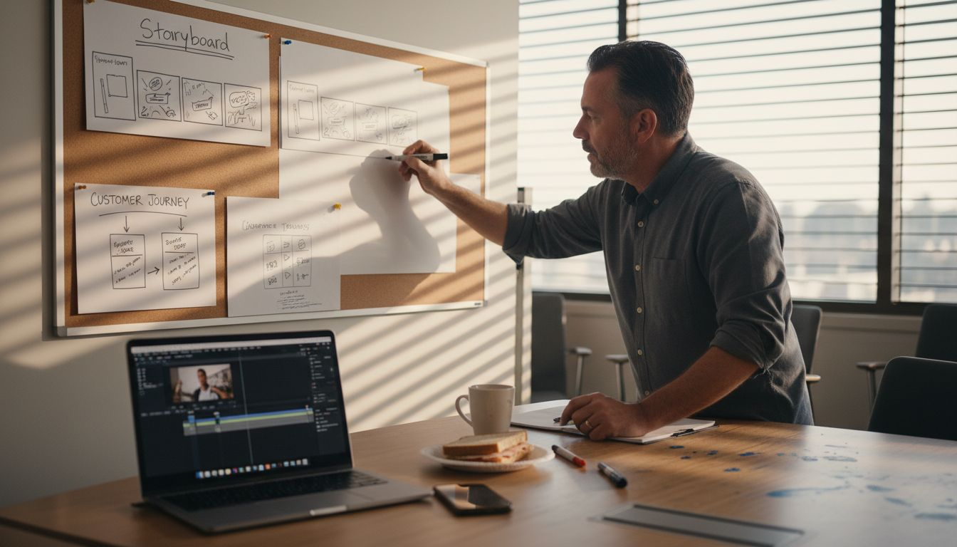 Man storyboarding brand message at flipchart