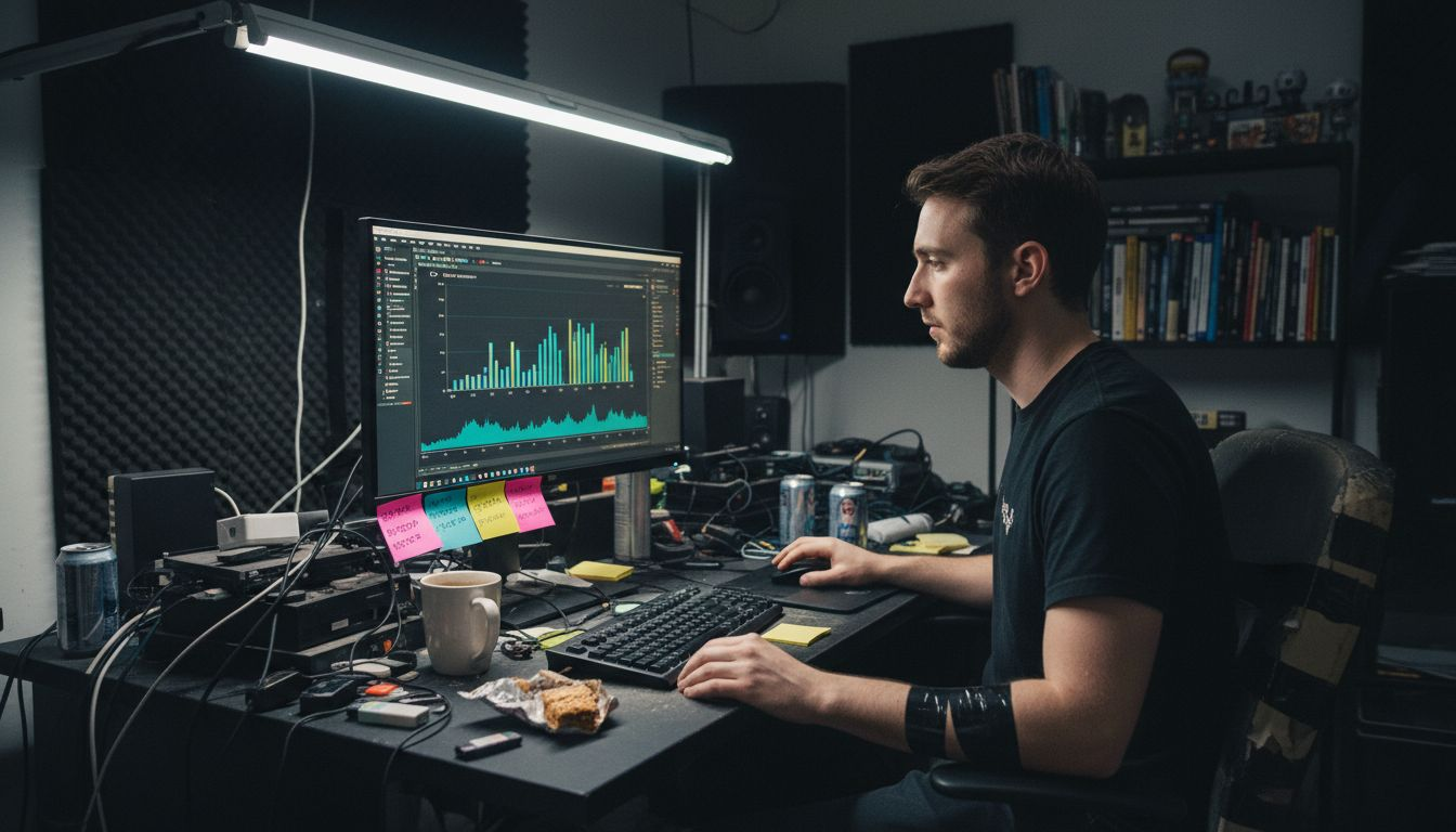 Designer editing animation at cluttered desk