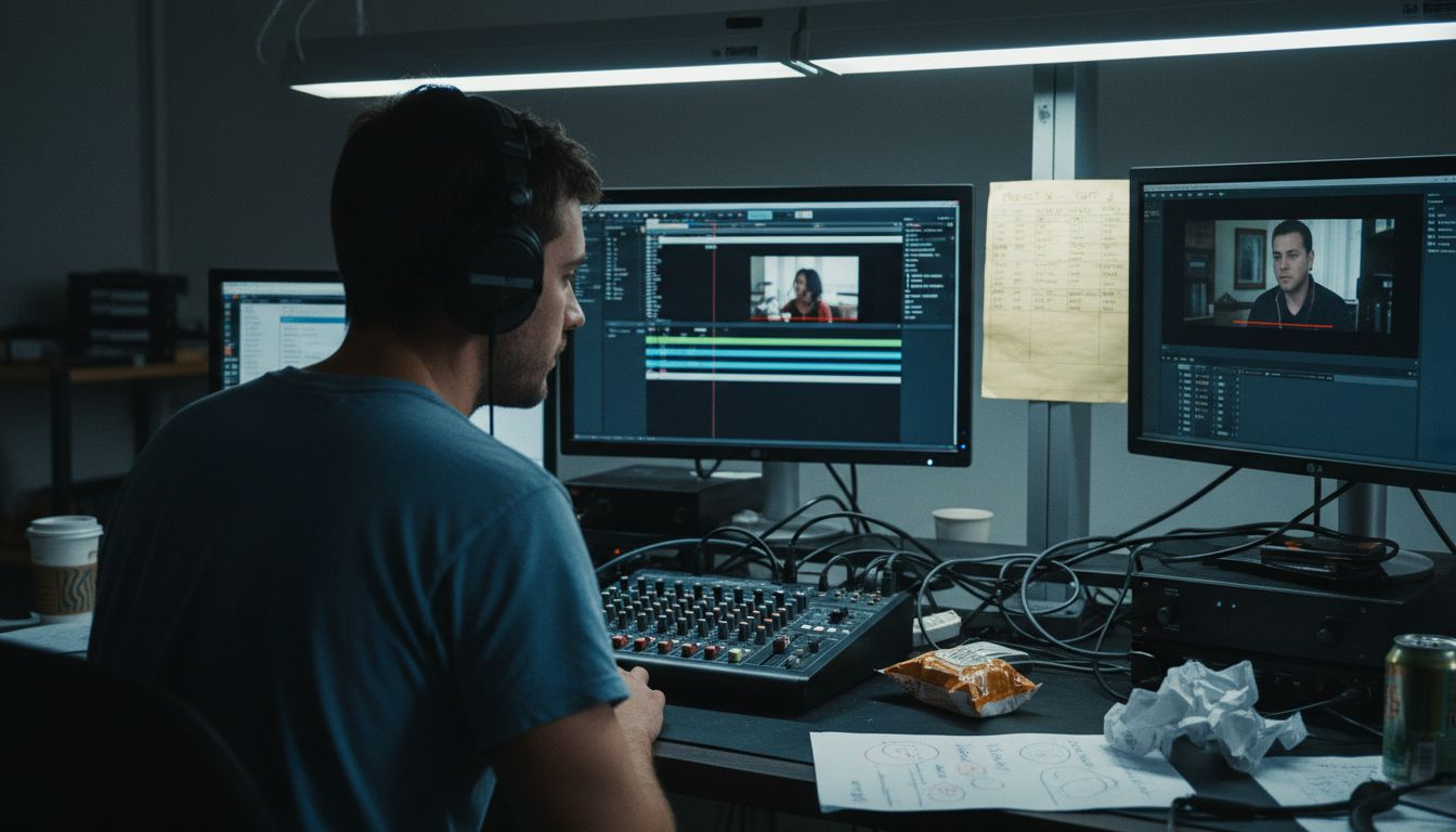 Video editor reviewing footage at desk