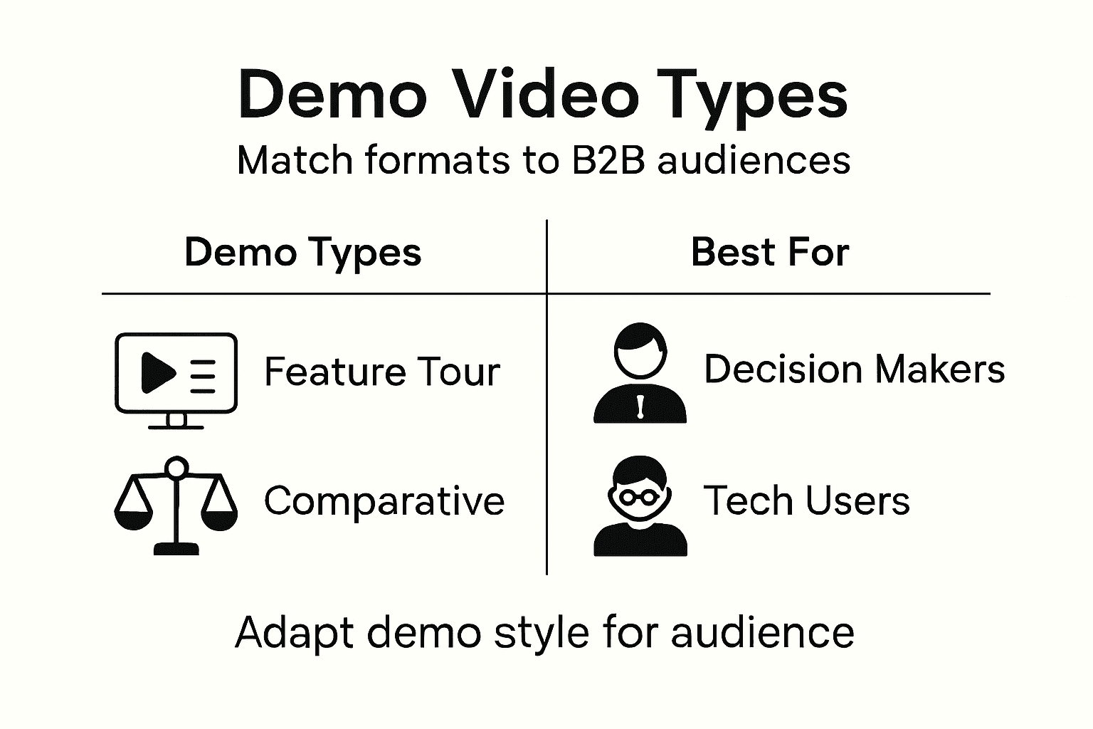 Infographic showing product demo video types and audiences