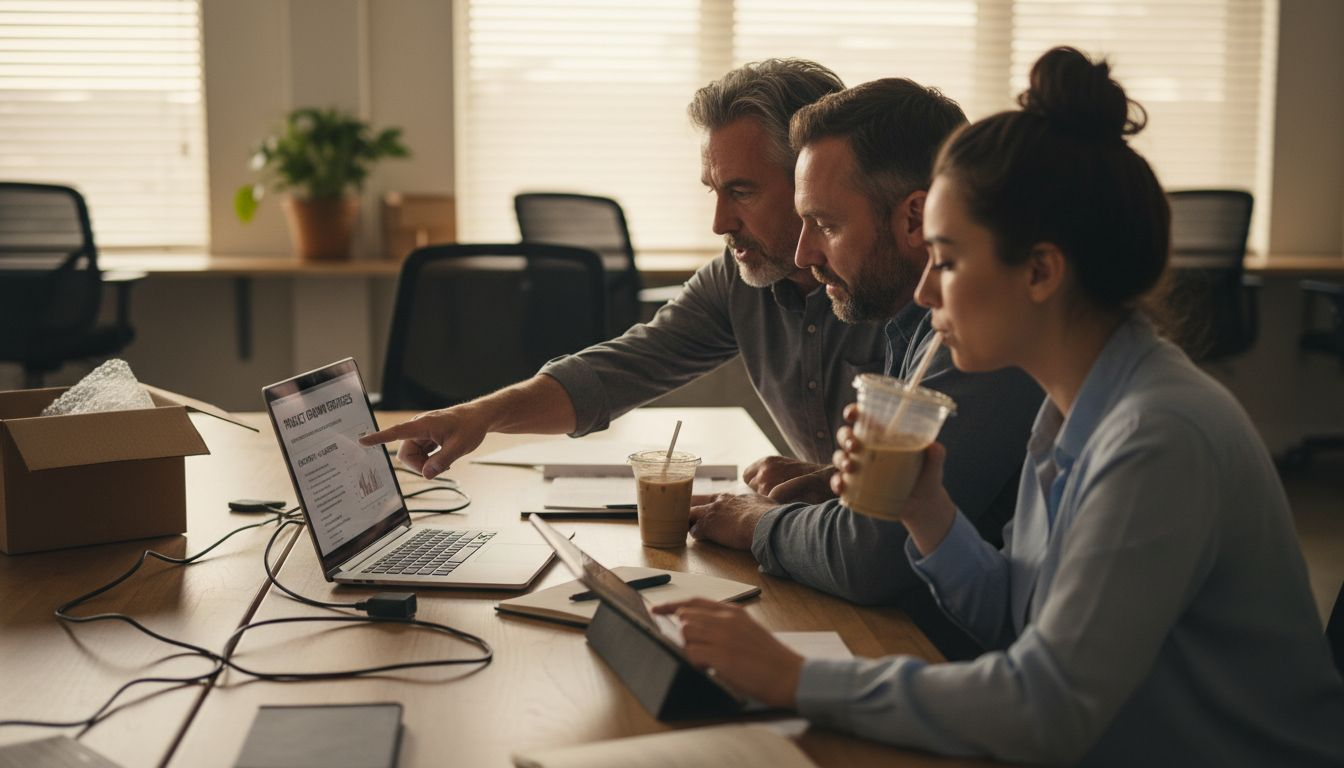 Team discussing video training in workspace