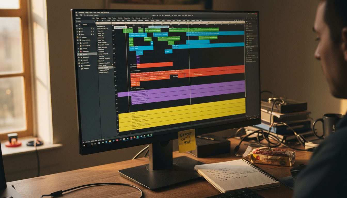 Color-coded video editing timeline on monitor