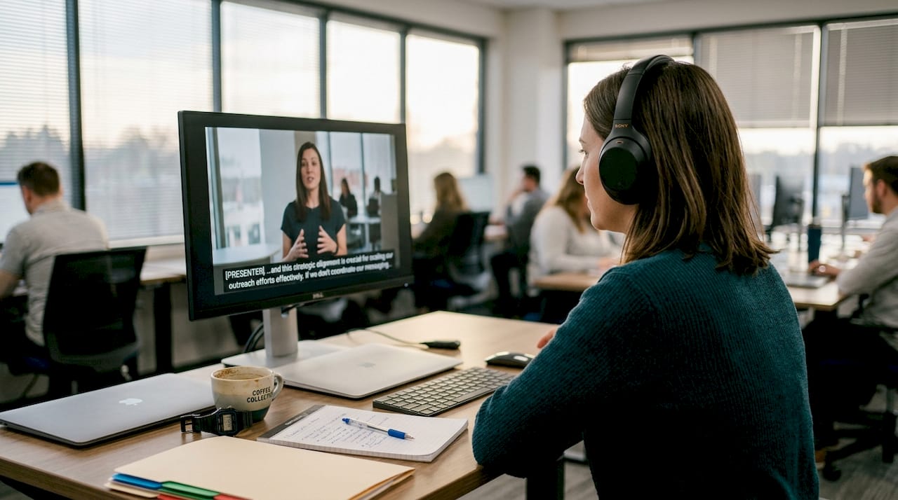Employee watching captioned training video at desk