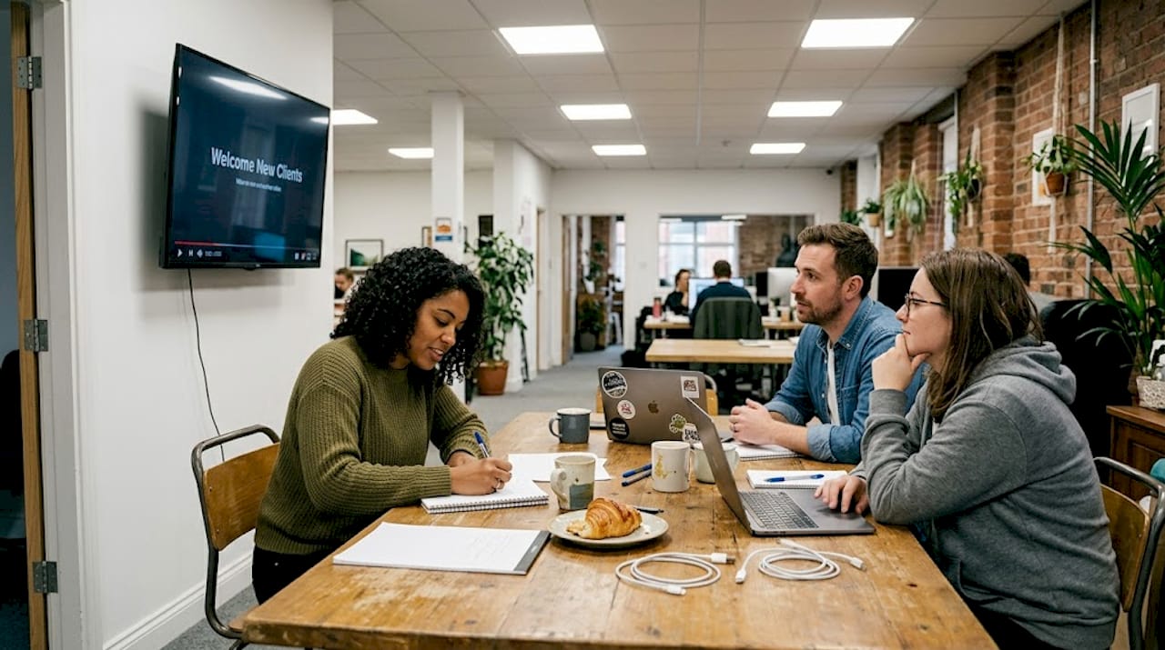 Small team watching onboarding video together