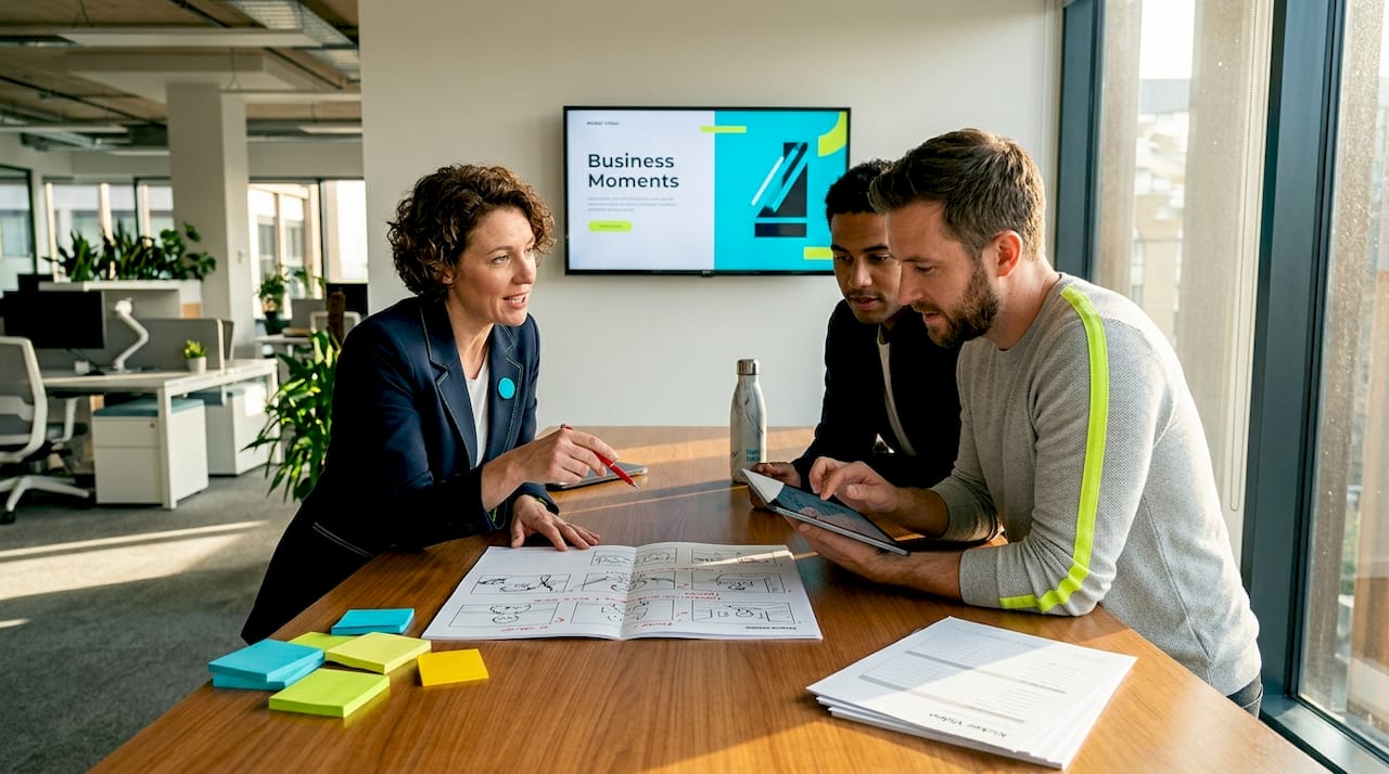 Corporate team reviewing storyboard together