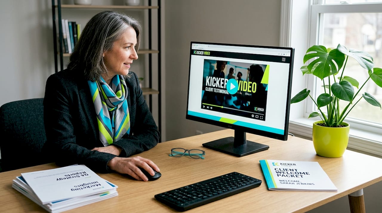 Businesswoman watching company video in home office