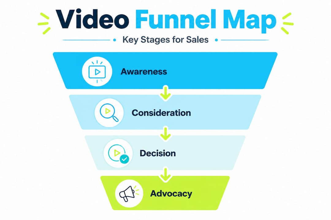 Vertical flow infographic mapping video funnel stages