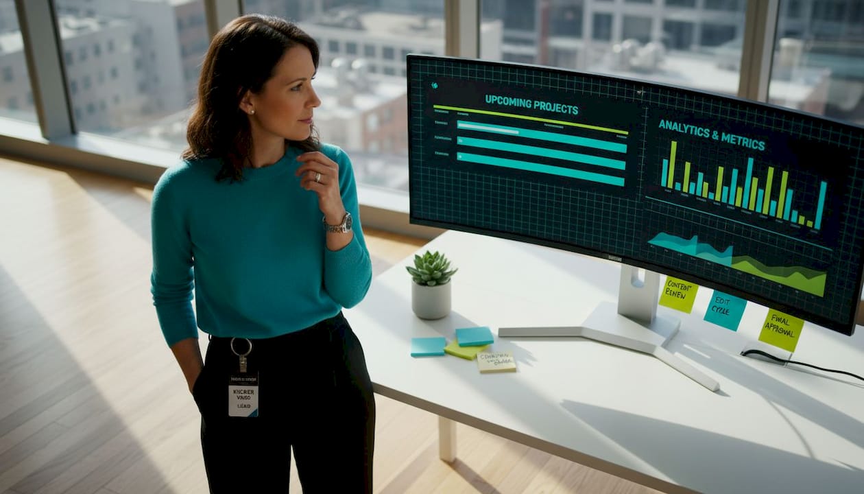 Manager reviewing video platform options at desk