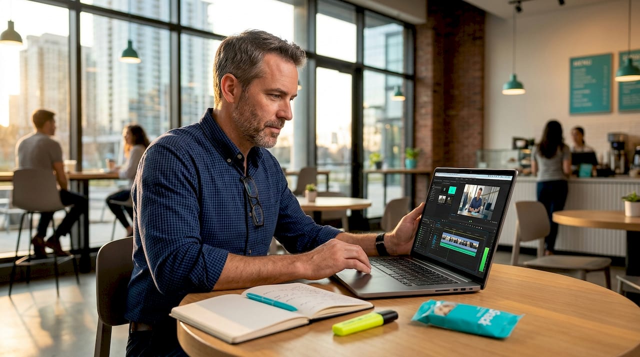 Man editing short B2B video on laptop