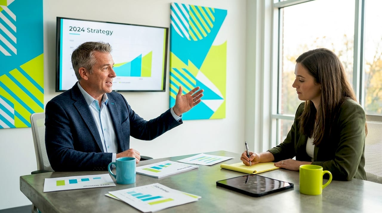 Experts discuss strategy at workspace table