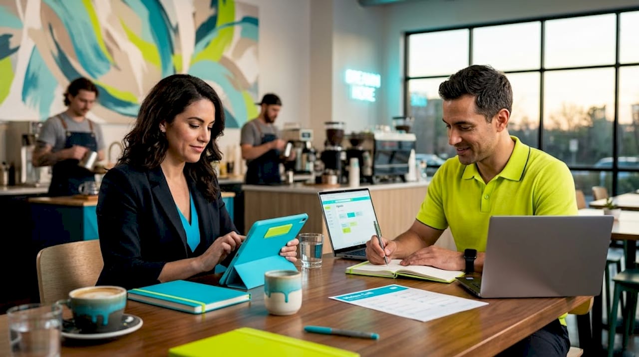 Executives reviewing video meeting agenda in workplace