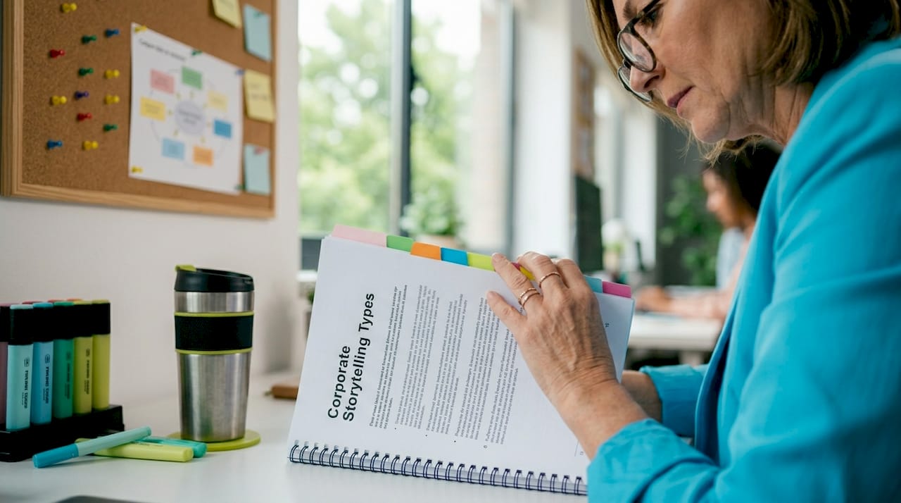 Manager reviewing corporate storytelling report
