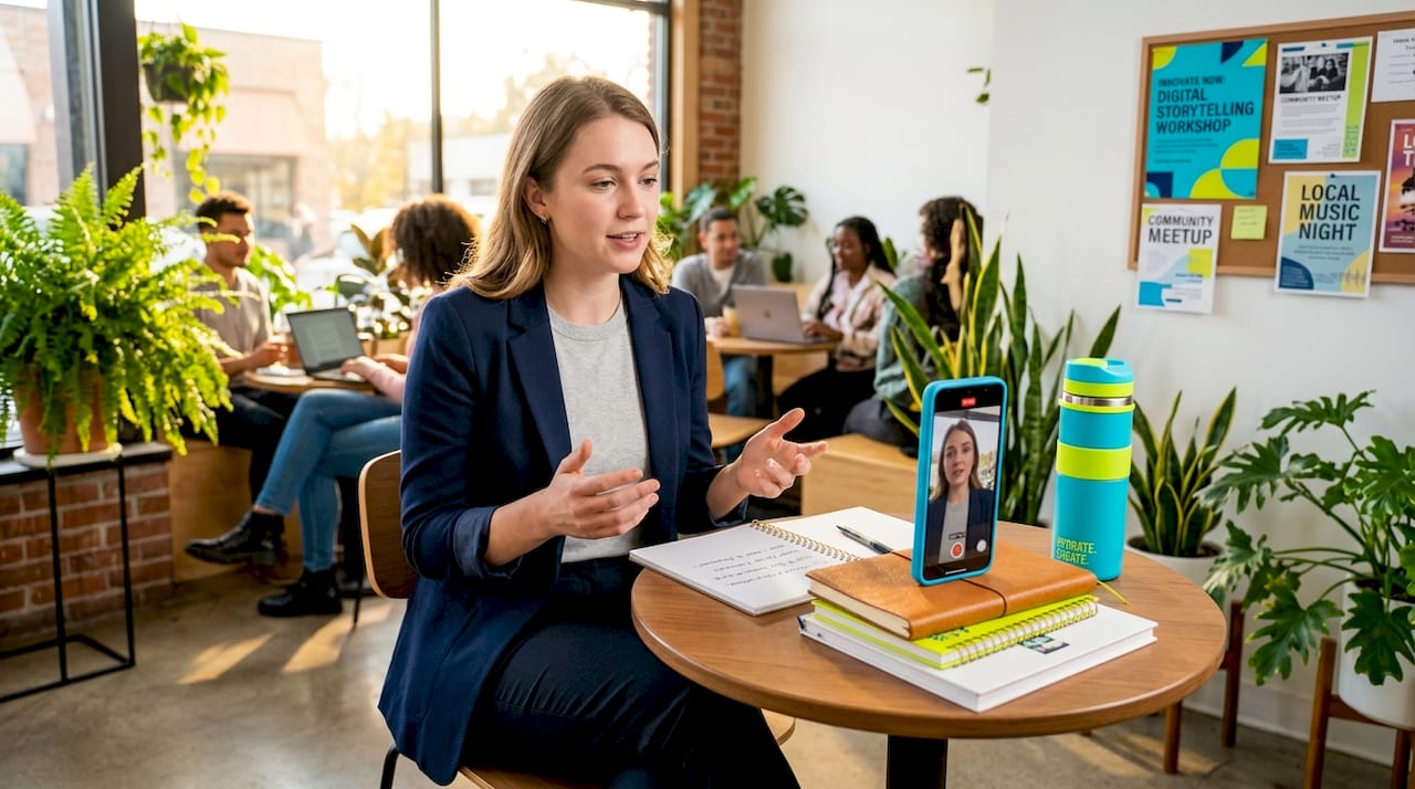 Employee recording candid video testimonial at desk
