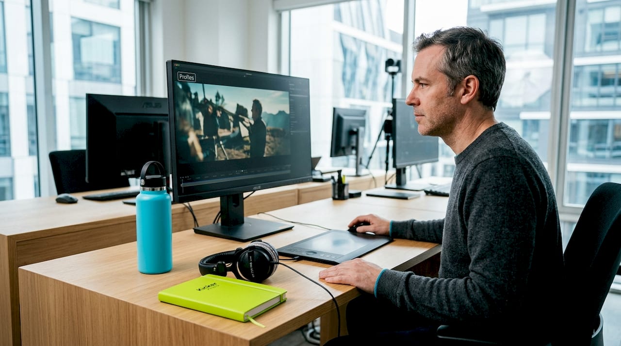 Video editor working with ProRes footage in studio