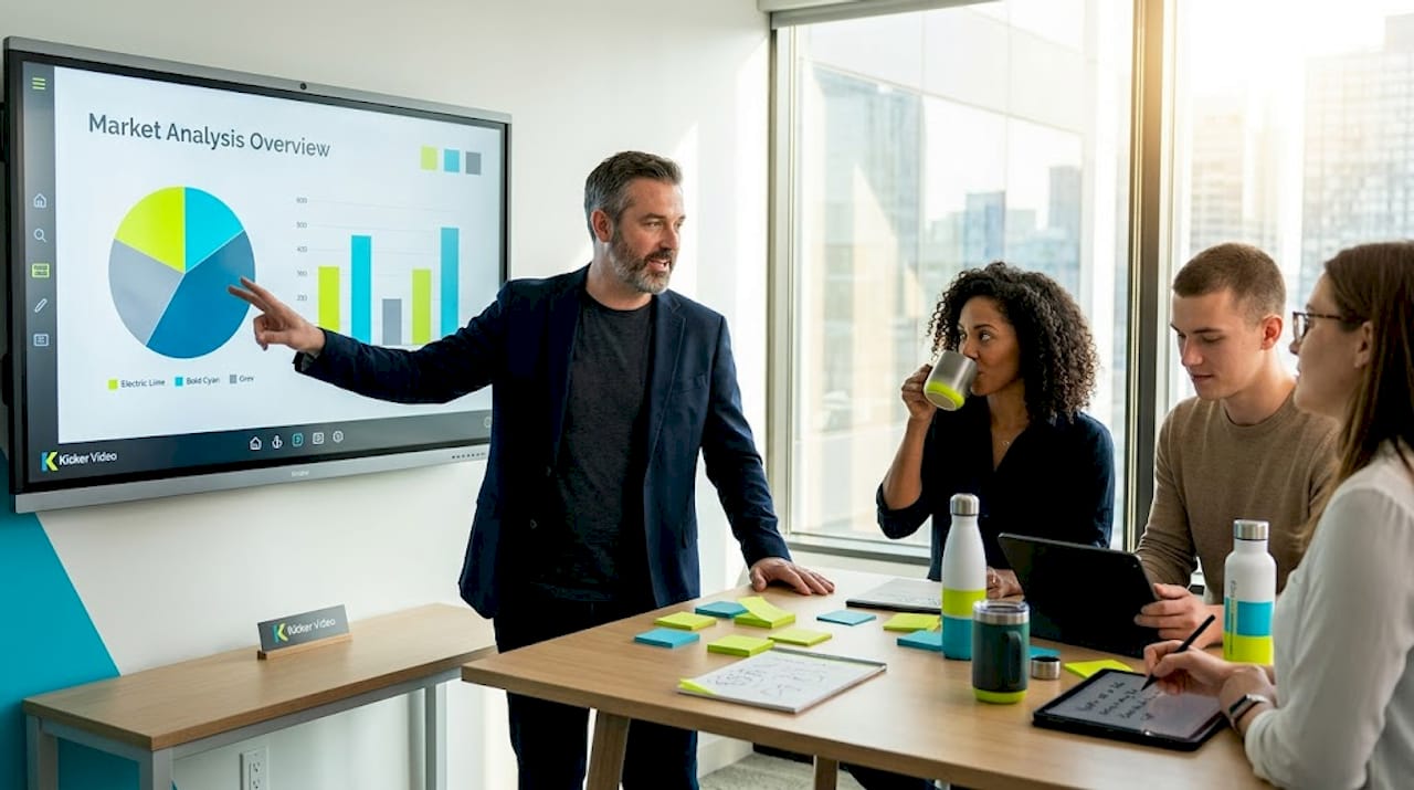 Director presenting business plan to small team