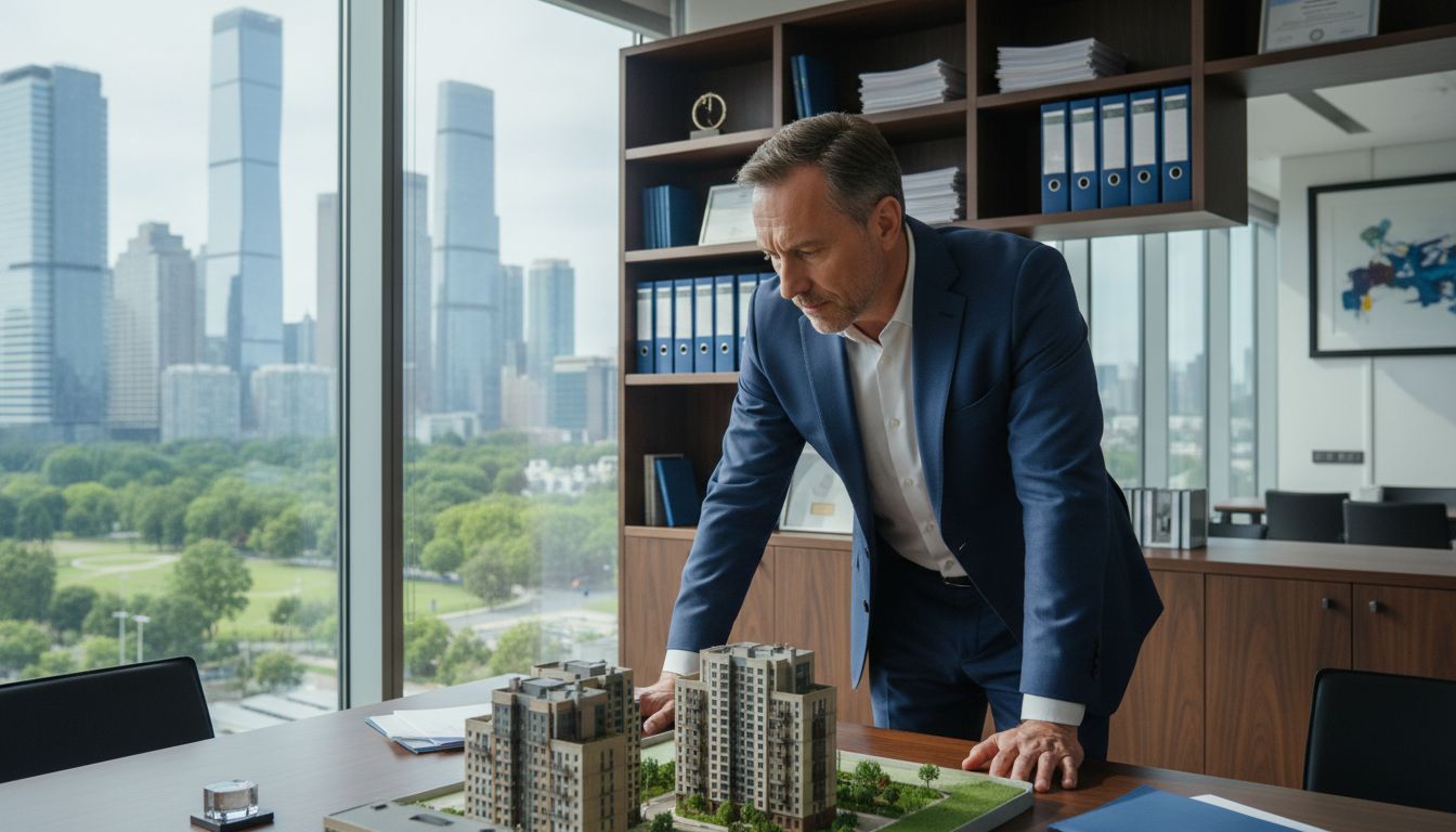 Gestor inmobiliario analizando maqueta de edificios