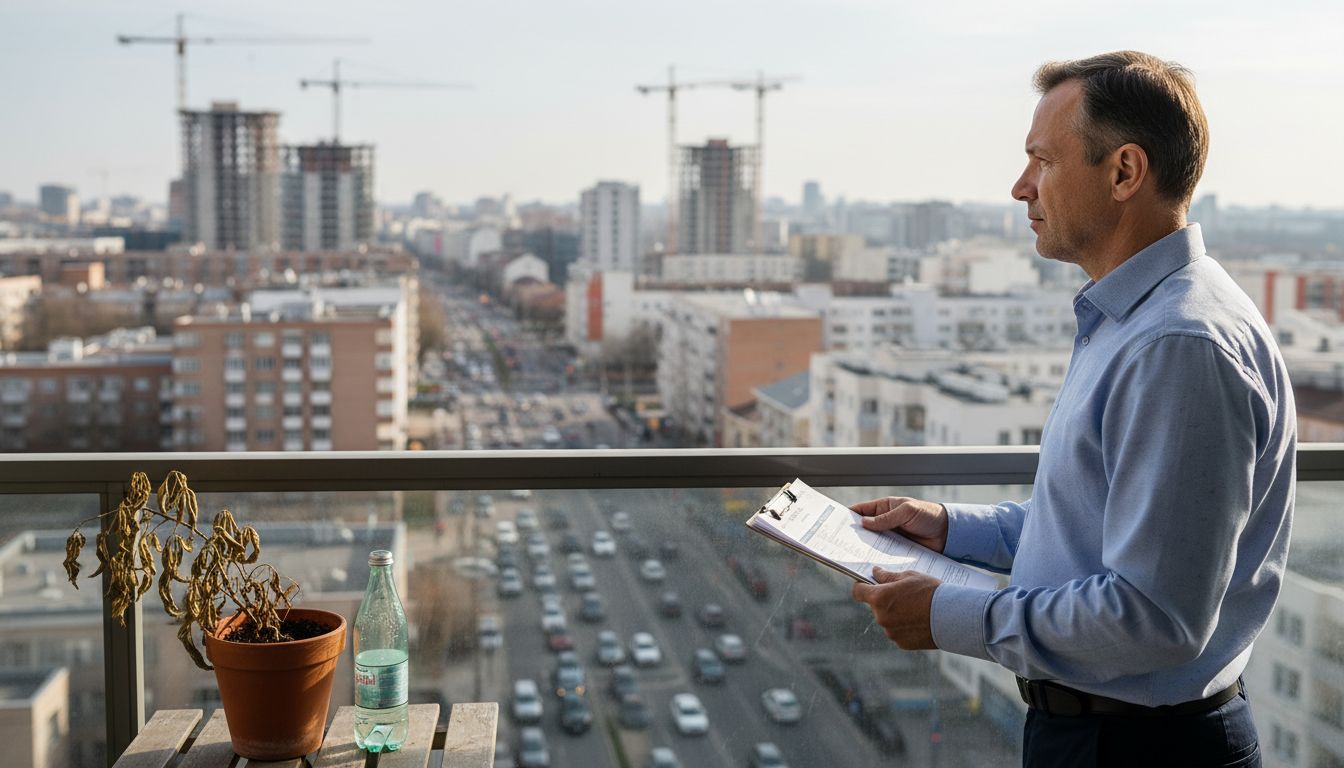Real estate investor on balcony with city view