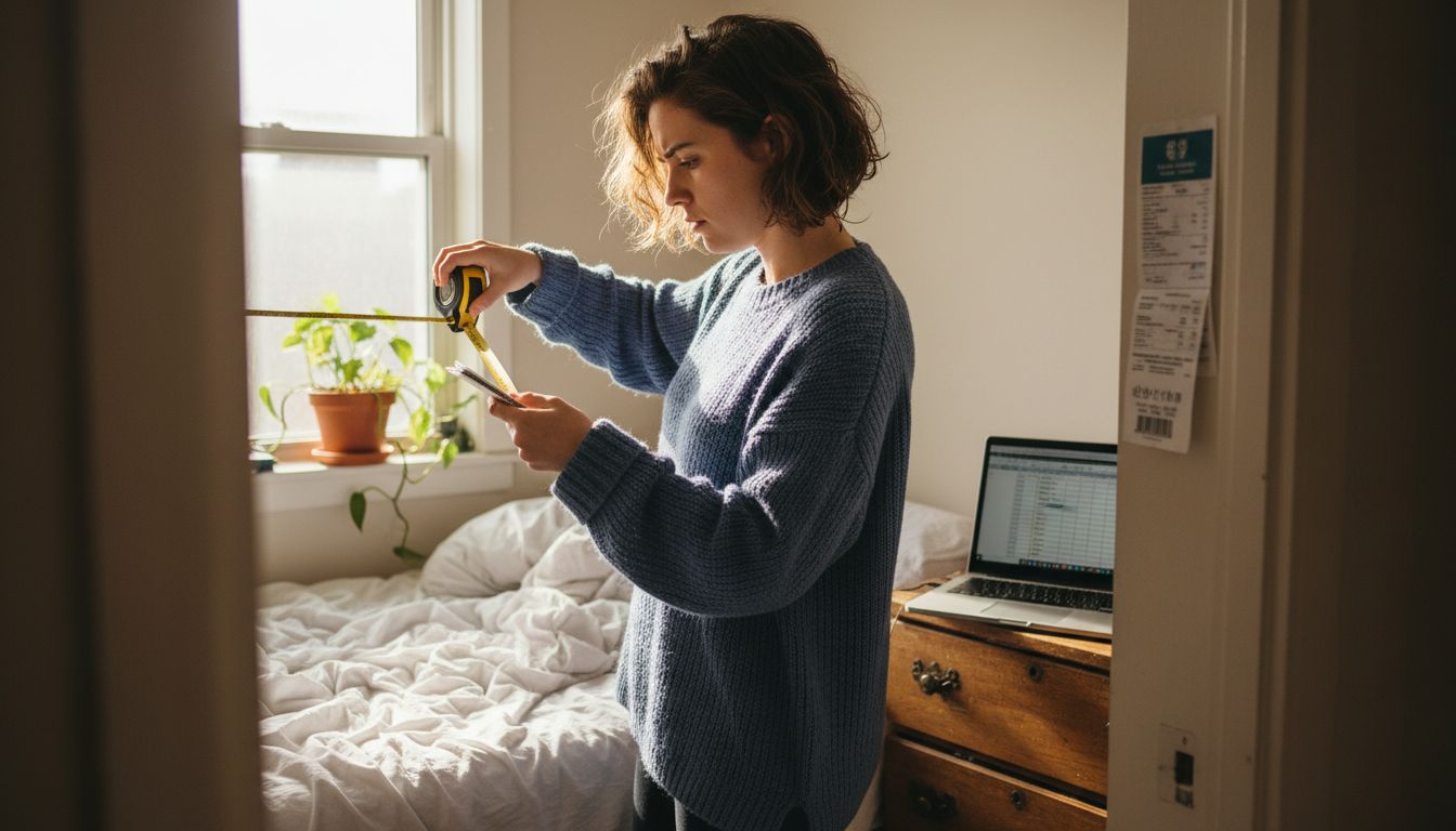 Landlord measuring rental bedroom in apartment