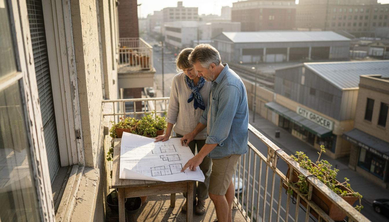 Propietarios revisando planos en balcón urbano