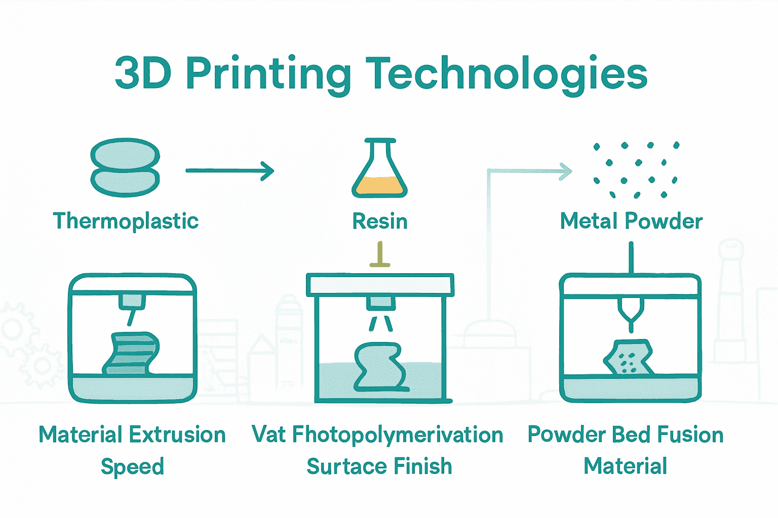 Infographic comparing key industrial 3D printing technologies and materials