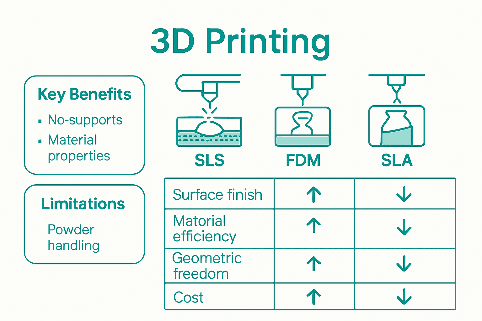 Infographic comparing SLS, FDM, and SLA 3D printing technologies.