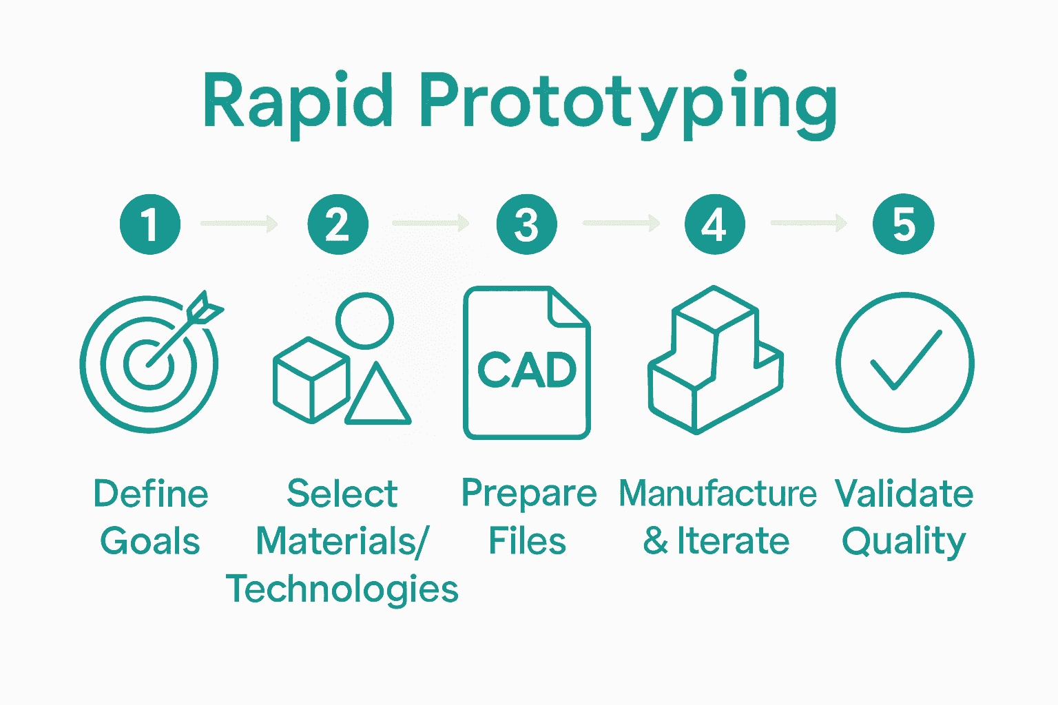 Infographic showing the 5 steps of the rapid prototyping process with icons and arrows.