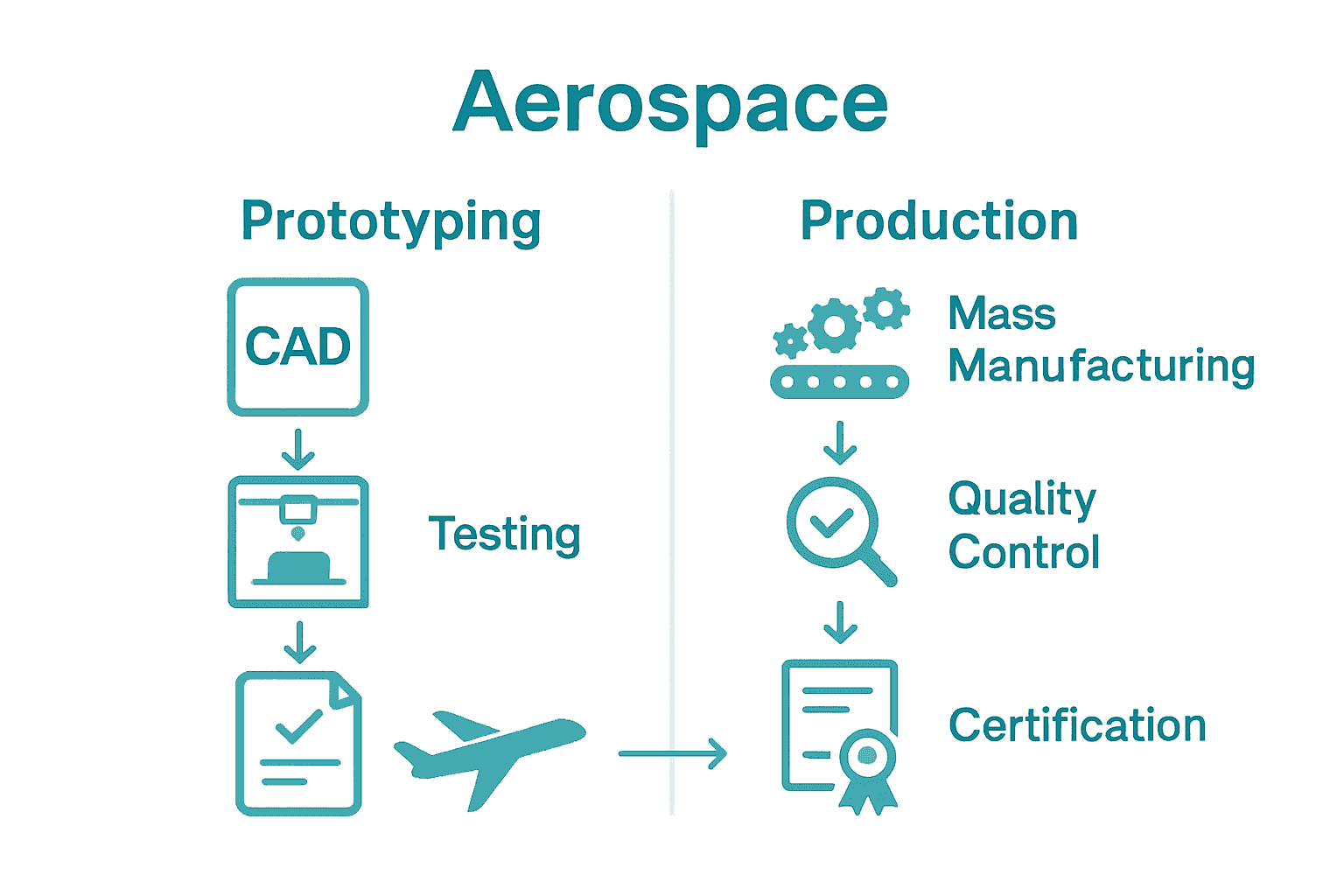 Comparison infographic showing aerospace prototyping versus production steps