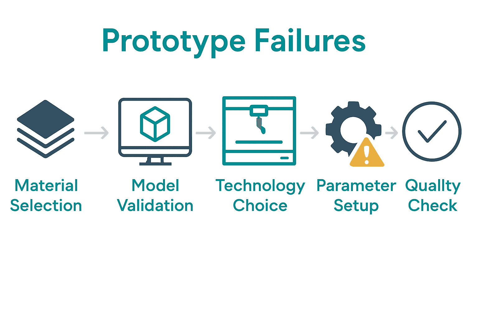 Infographic of additive manufacturing workflow steps with failure rates