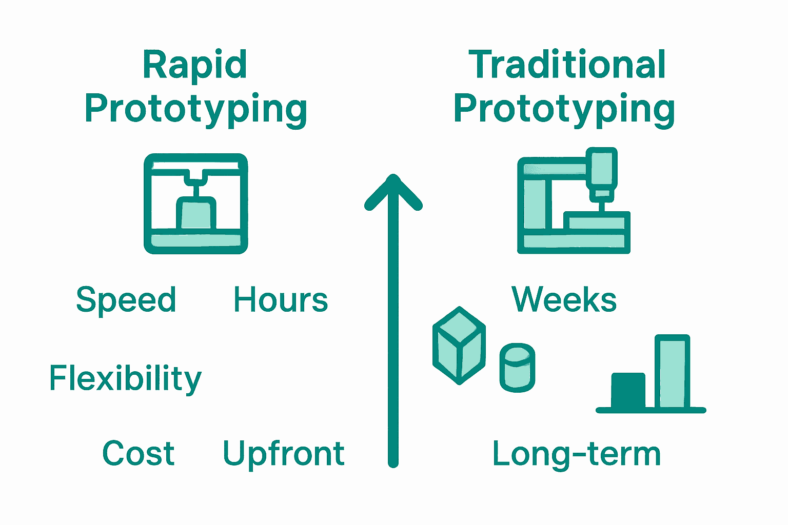 Infographic comparing speed, flexibility, and cost of rapid and traditional prototyping methods.
