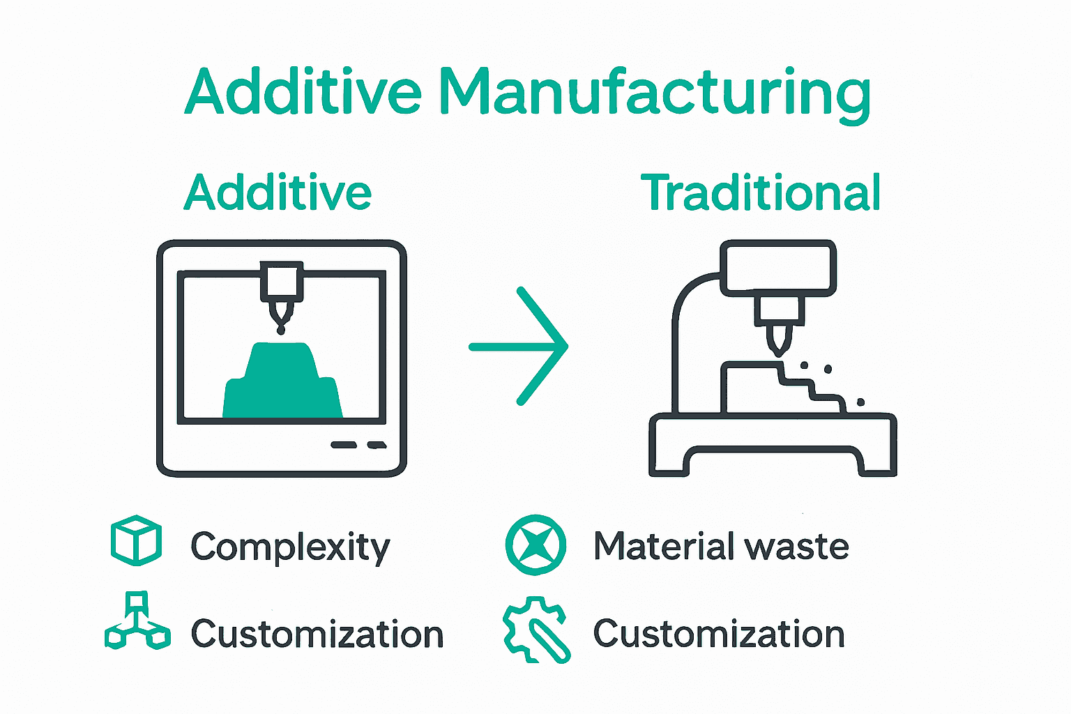 Infographic visualizing differences between additive and traditional manufacturing methods
