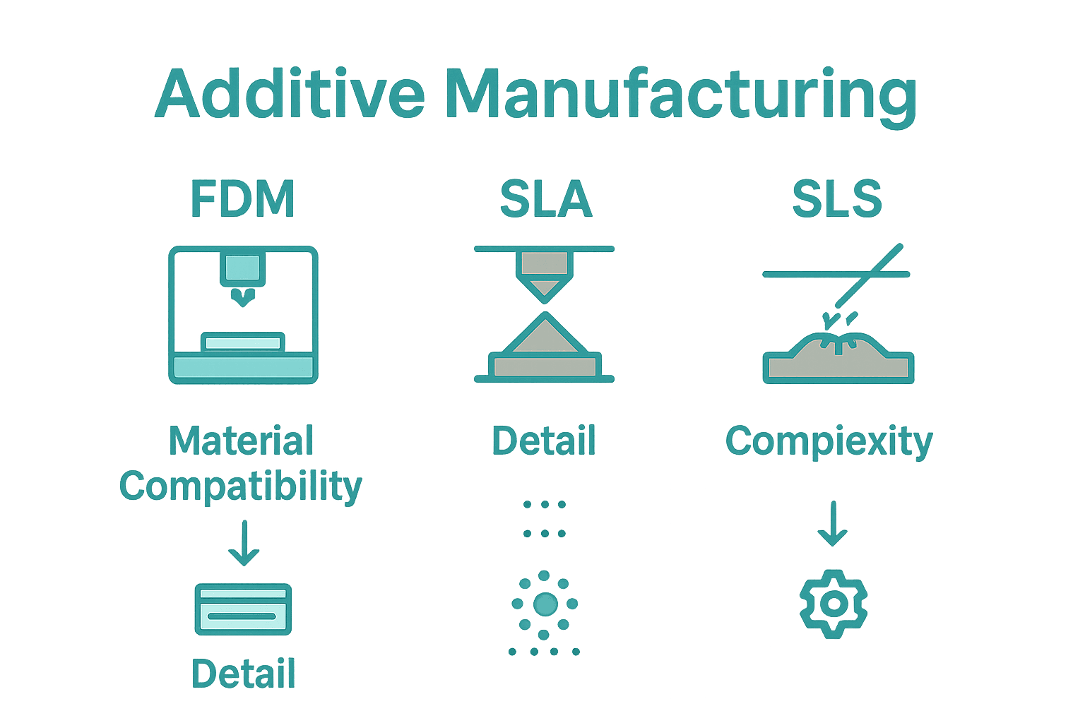 Infographic comparing FDM, SLA, and SLS additive manufacturing technologies.