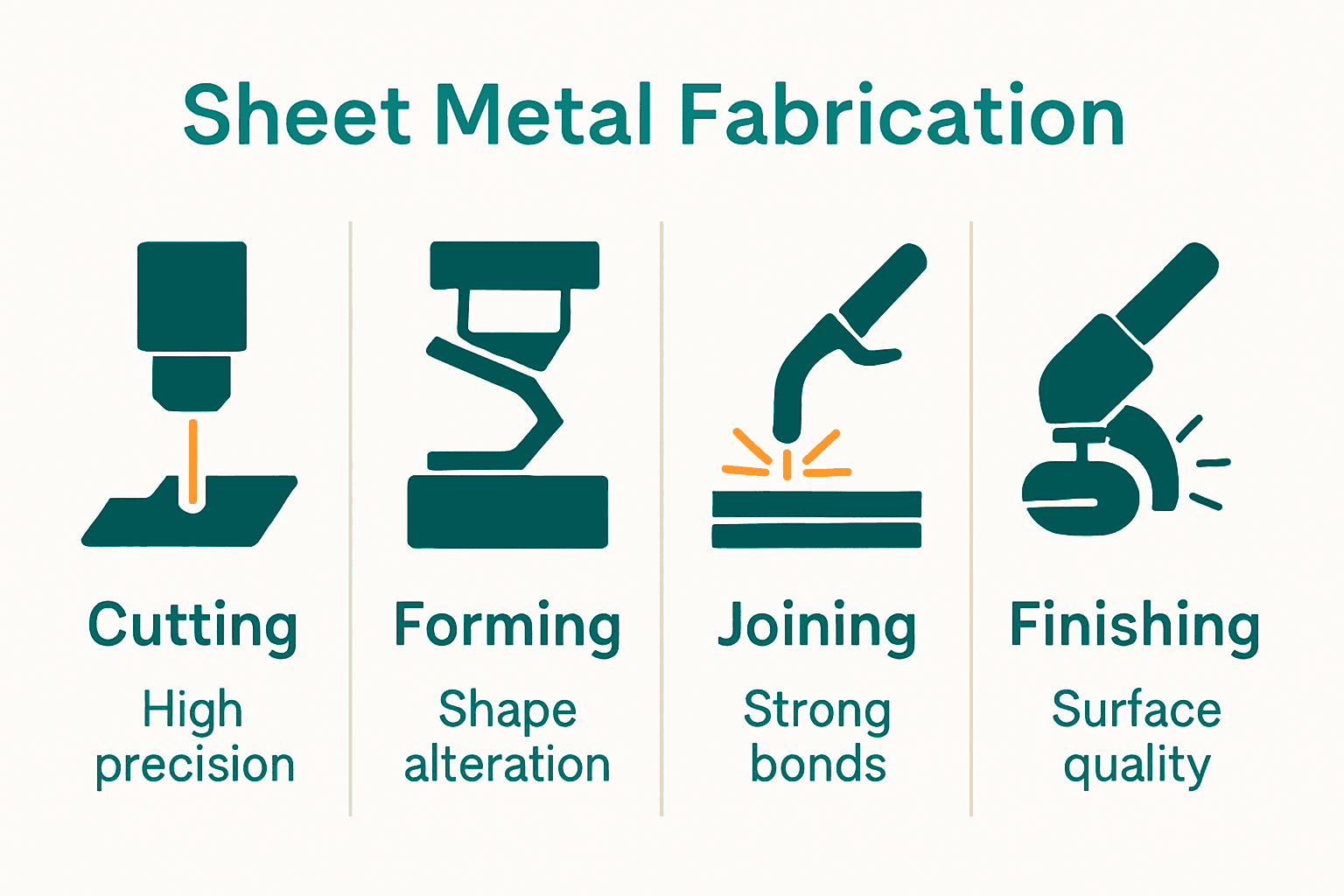 Infographic showing four main sheet metal fabrication processes with icons and brief notes.