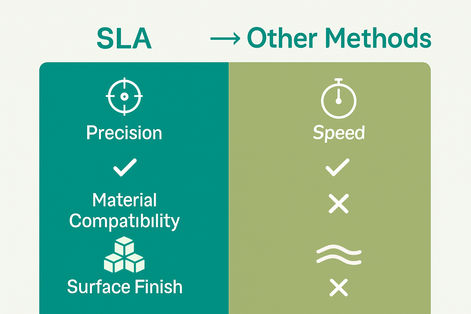 Infographic comparing SLA, DLP, and FDM printing methods by precision, speed, and finish.