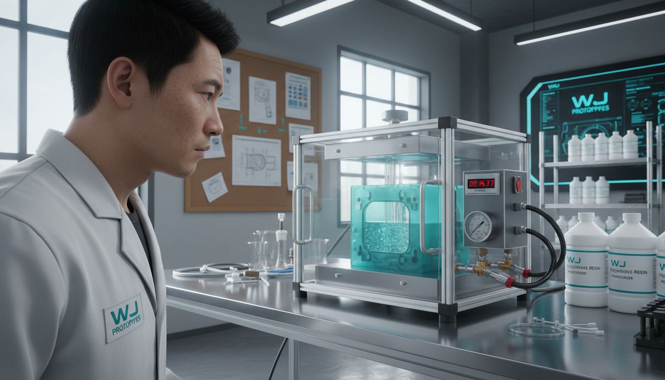 Engineer observes vacuum casting in lab