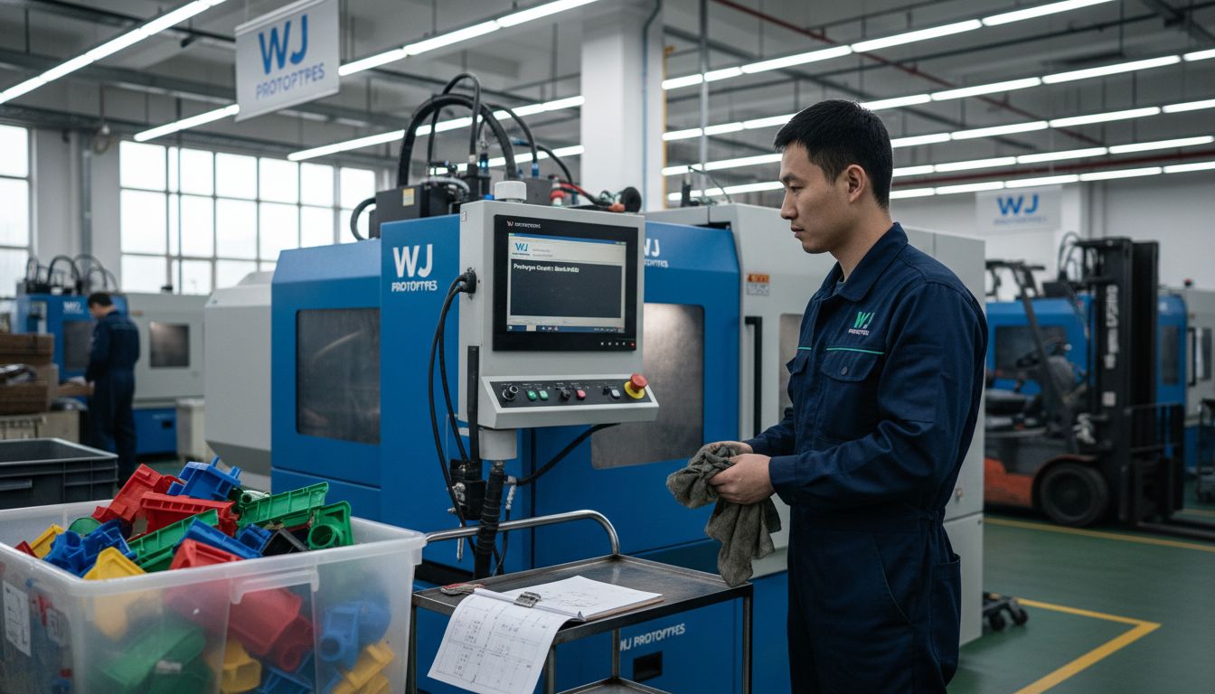 Operator checks prototypes on injection molding machine