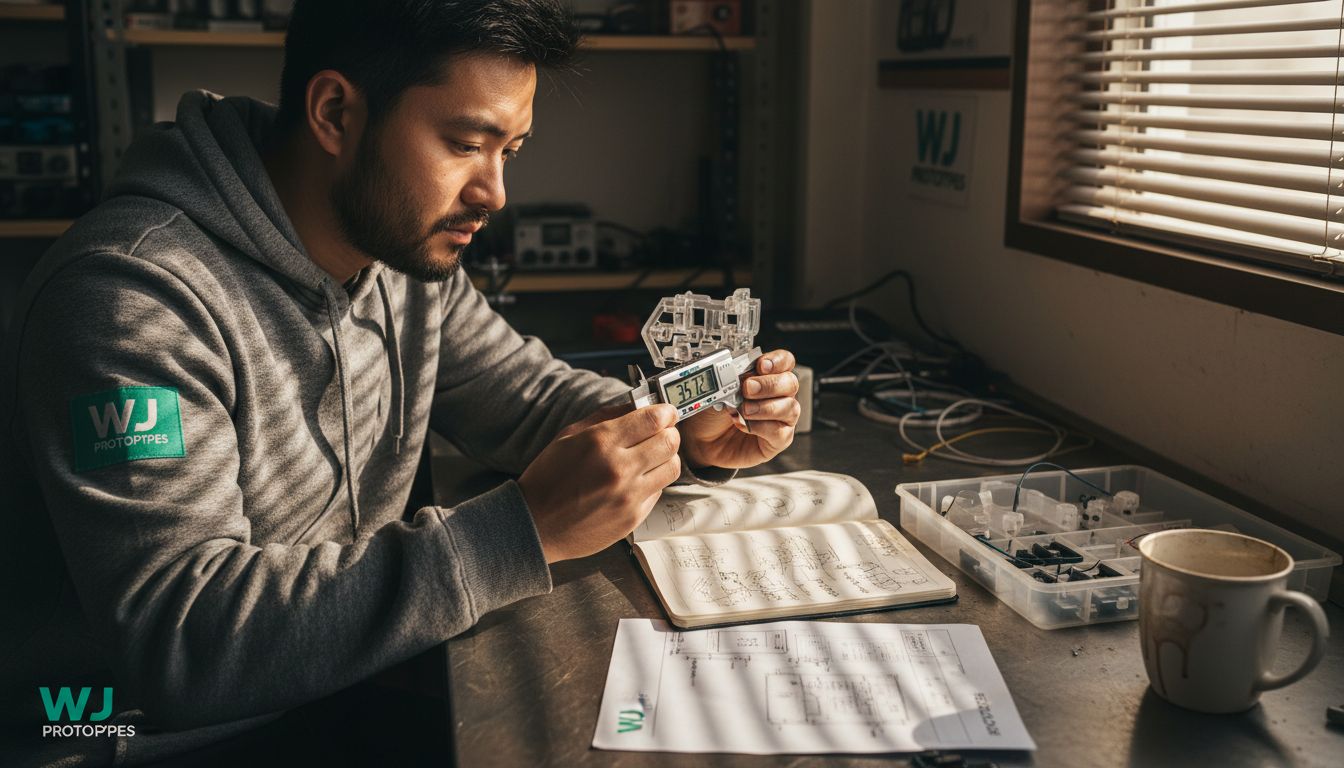 Designer measures prototype at cluttered desk