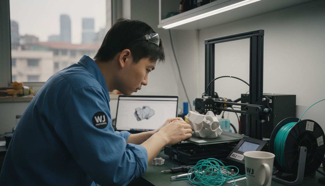 Engineer adjusting 3D-printed prototype in small lab