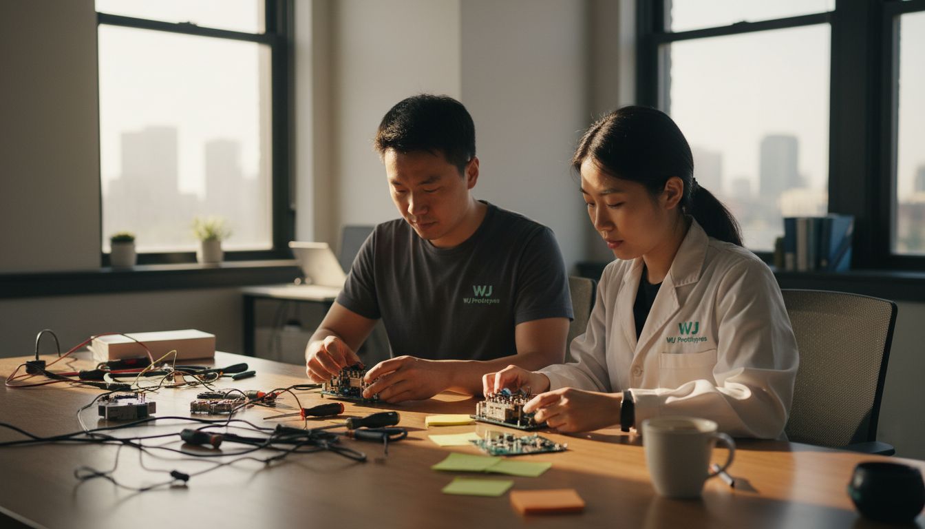 Engineers assembling prototype at office table