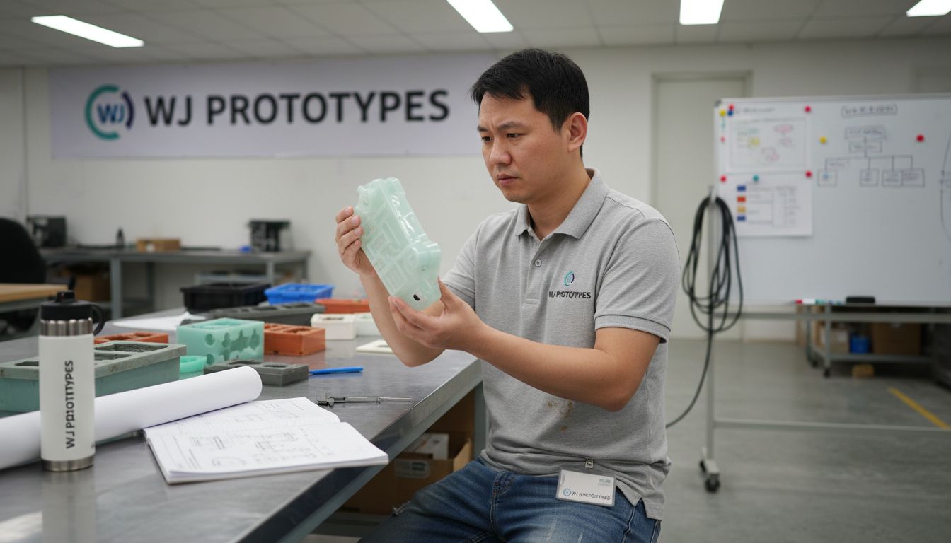 Engineer inspecting vacuum-cast plastic prototype