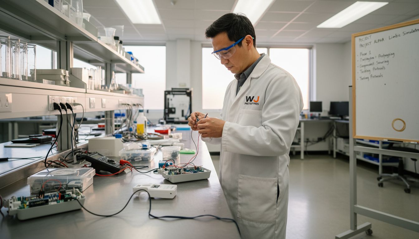 Engineer assembling prototype in medical device lab