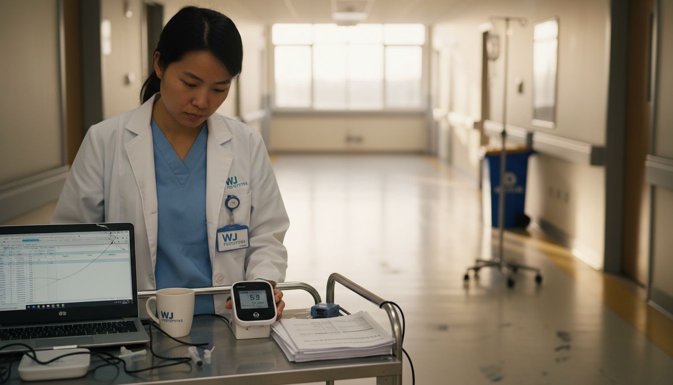 Technician reviewing device prototype in hospital corridor