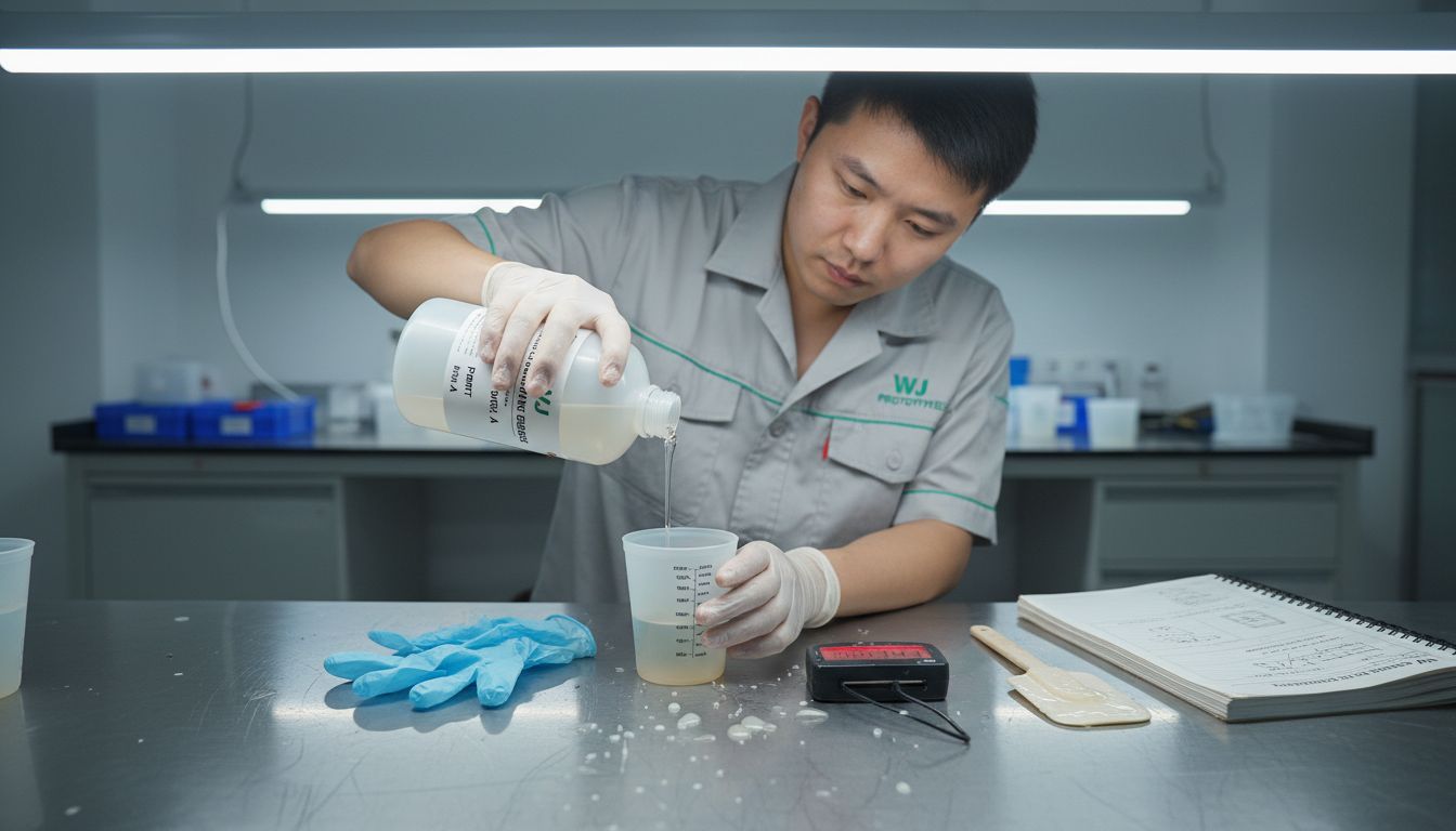 Technician pouring polyurethane resin for casting