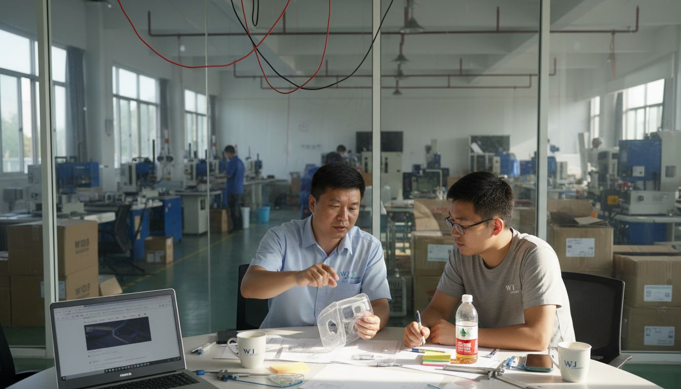 Engineers review prototype at China factory meeting