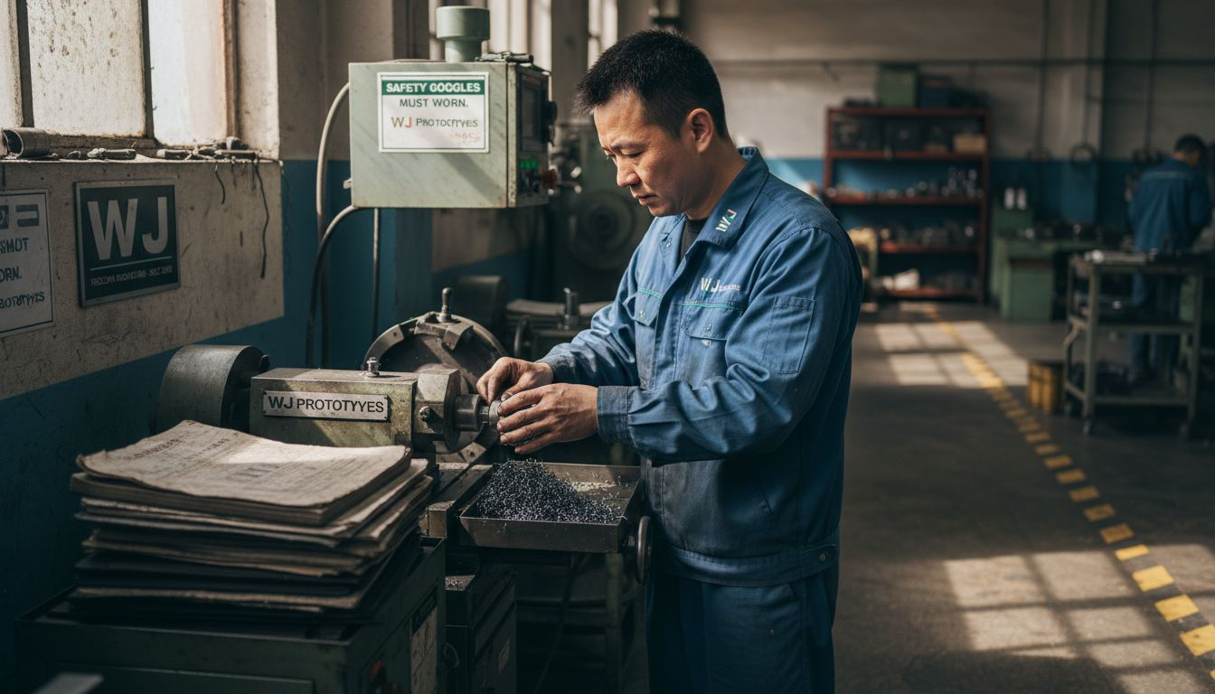 Machinist grinding metal in workshop