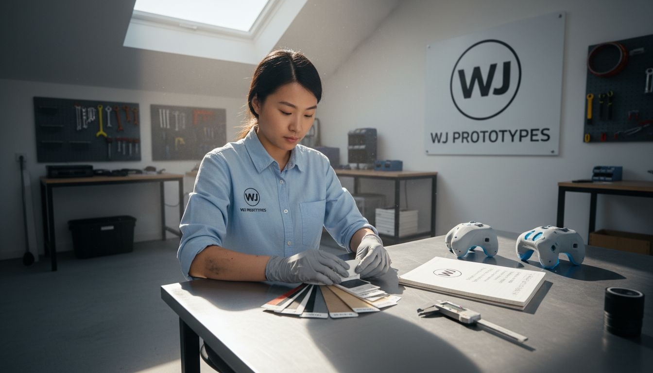 Engineer flipping through prototype material swatches