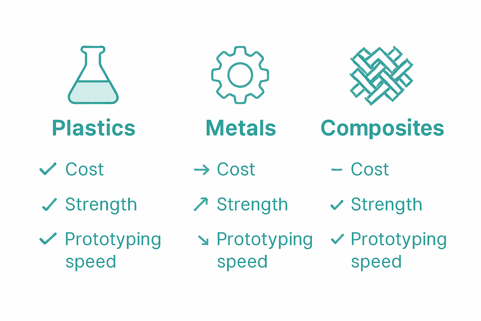 Comparison chart of plastics, metals, composites