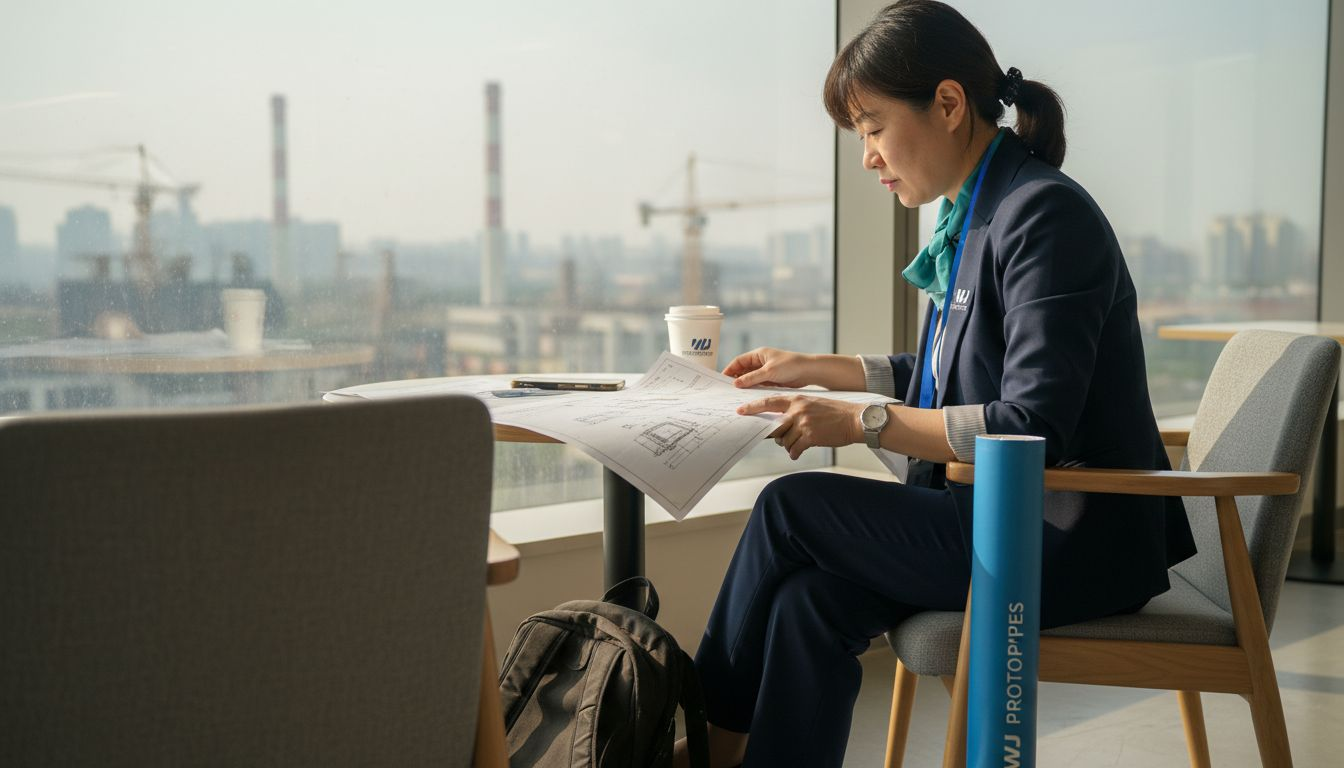 Businesswoman reviewing designs in manufacturing hub