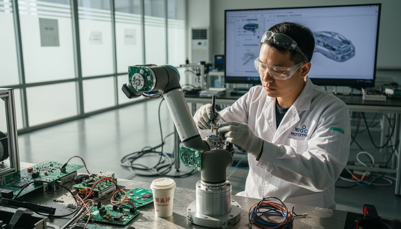 Technician adjusts robotic arm in workshop