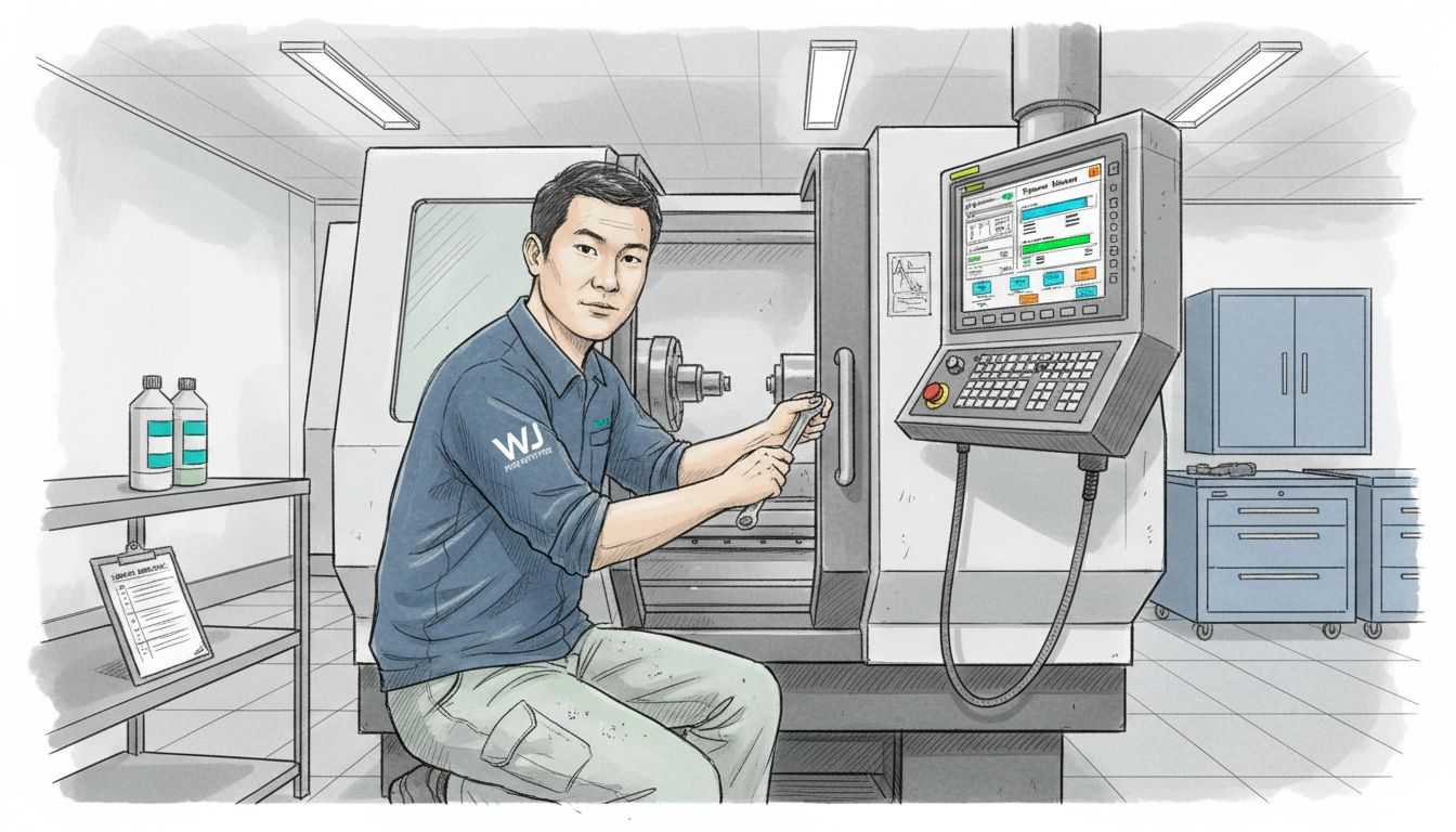 Technician calibrating advanced CNC equipment